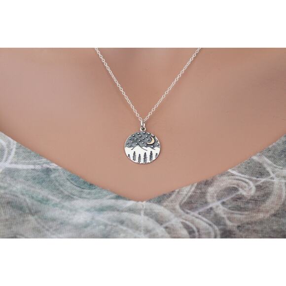 Sterling Silver Mountain Charm with Trees and Bronze Moon Necklace - Picture 2 of 7